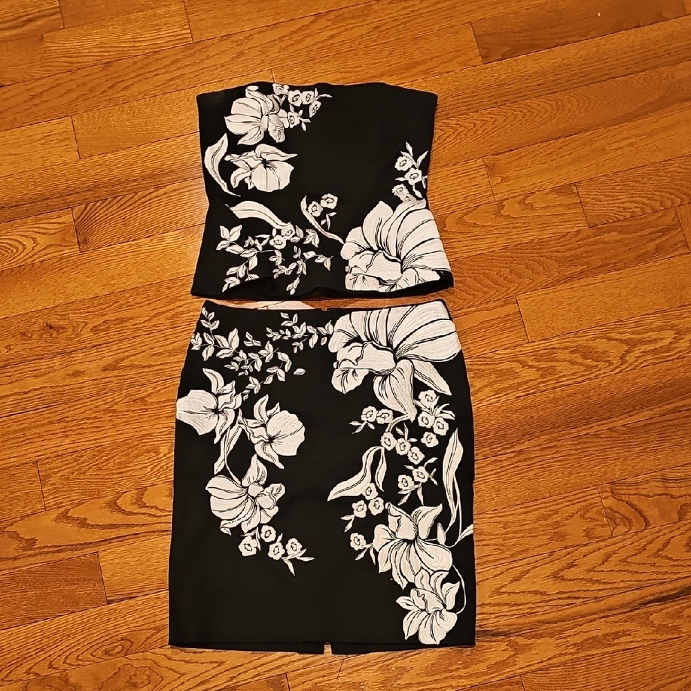 Floral Black and White Strapless Dress